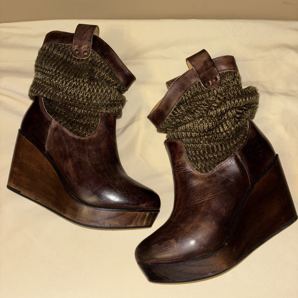 Bed Stu 9.5 Bruges Wedge Leather Booties Teak Rustic Brown Sweater Shaft Boots